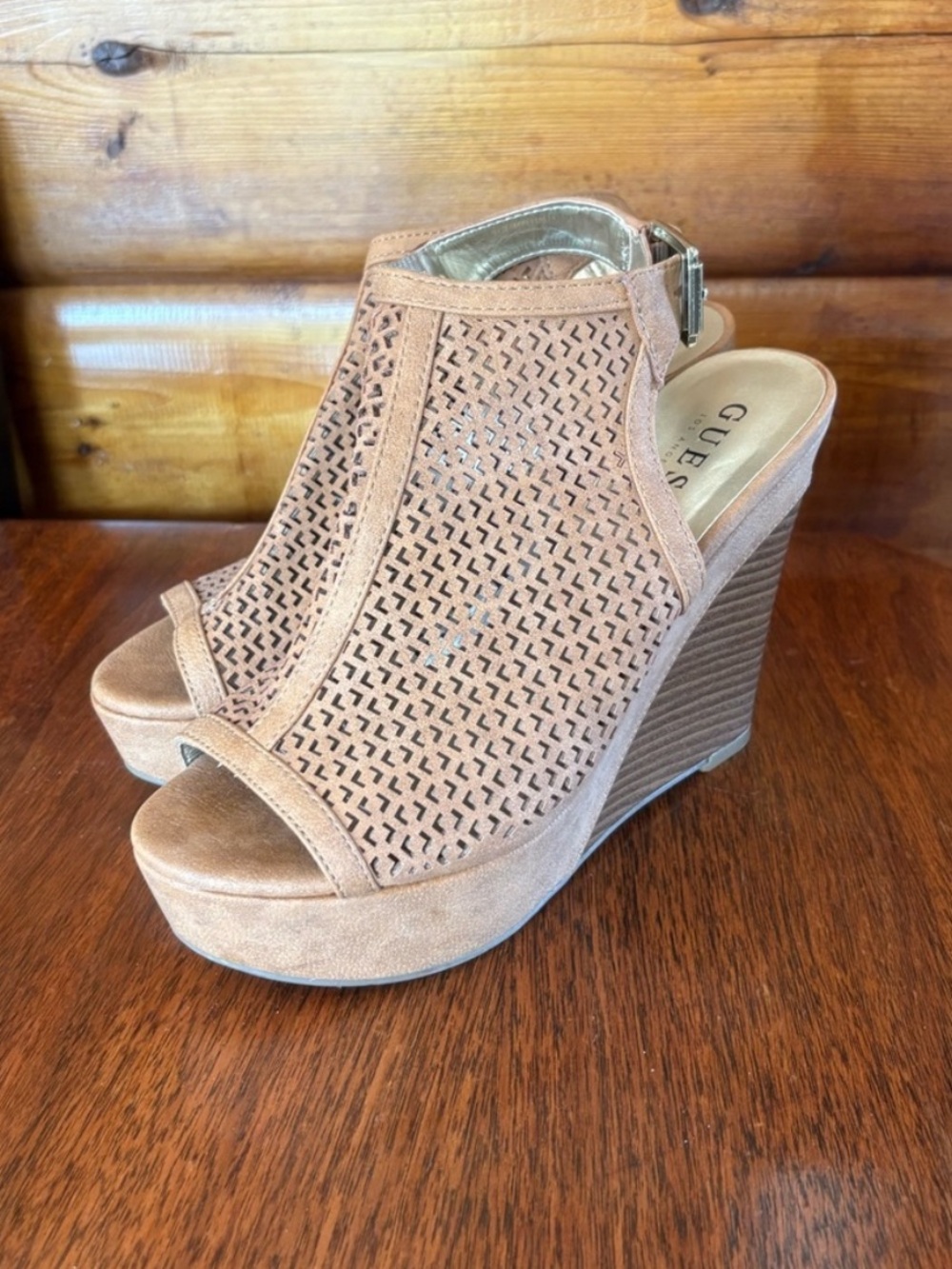GUESS Tan / Brown Perforated Platform Wedge Sandals Heels Size 6.5